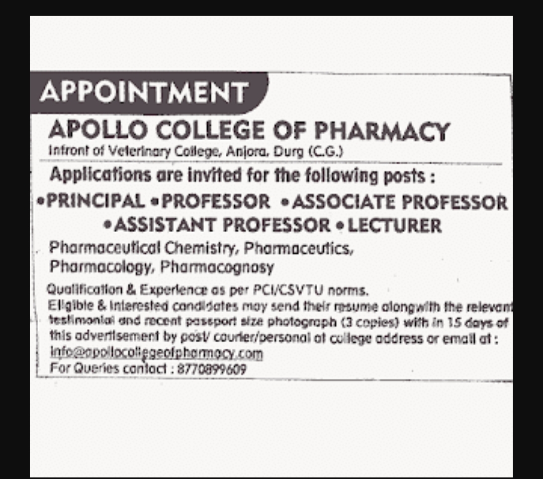 Apollo Pharmacy College Vacancy for Freshers