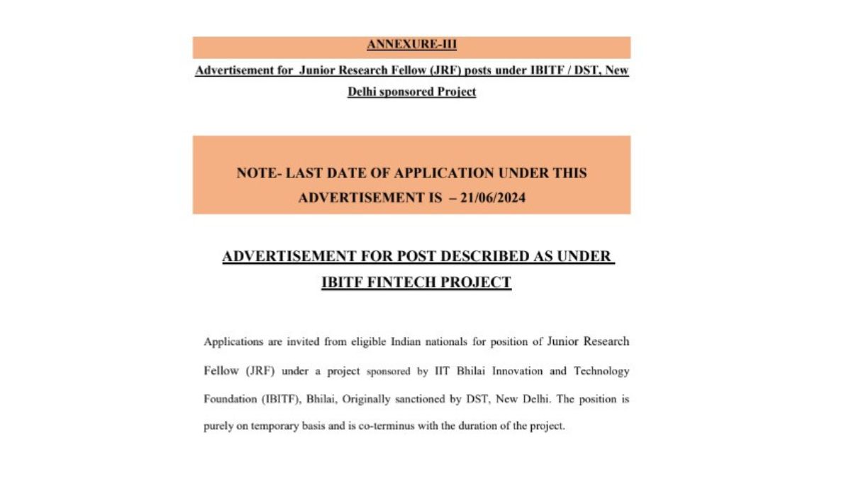 Advertisement for Junior Research Fellow (JRF) posts under IBITFDST