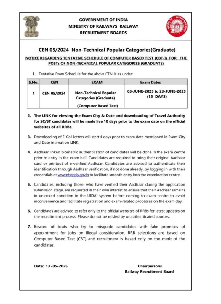RRB NIPC Exam Notification 2025