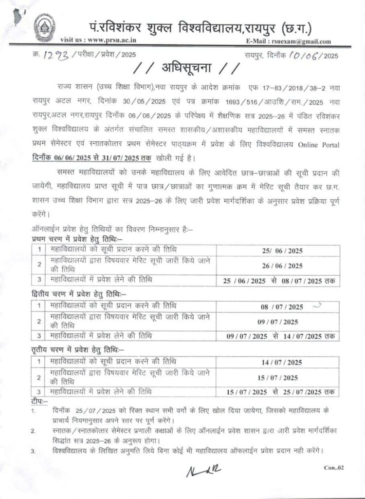 Pandit Ravishankar Shukla University Addmission Date