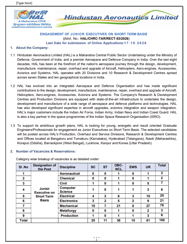 HAL Junior Executive Recruitment 2026