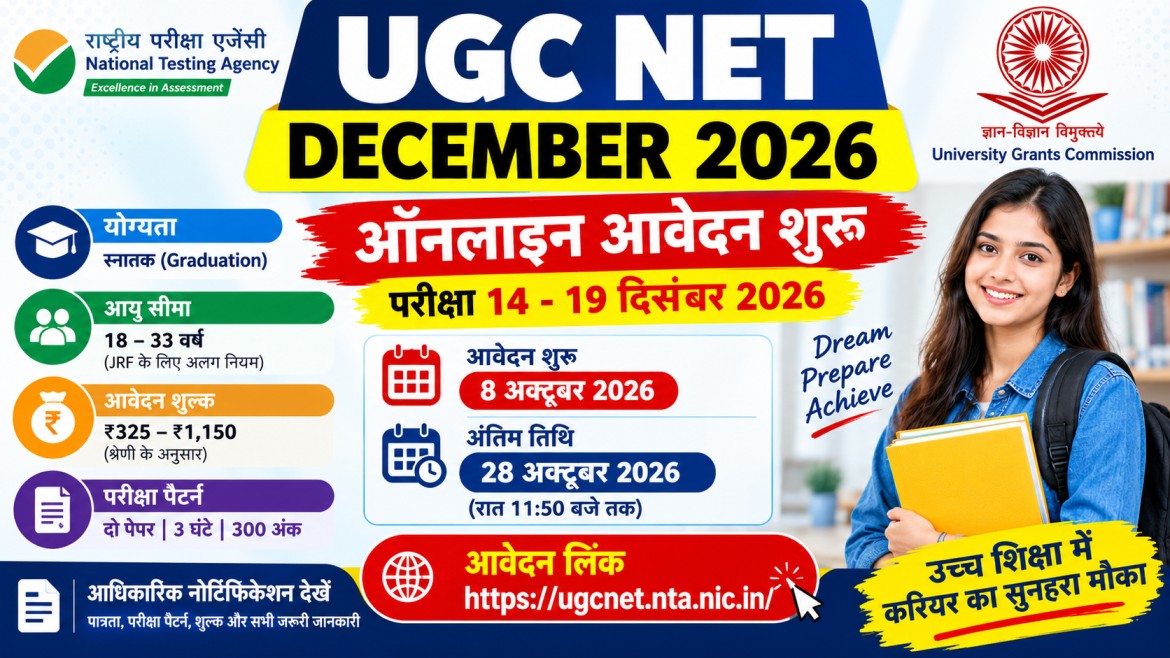 UGC NET December 2026: ऑनलाइन आवेदन, परीक्षा तारीख और पूरी जानकारी